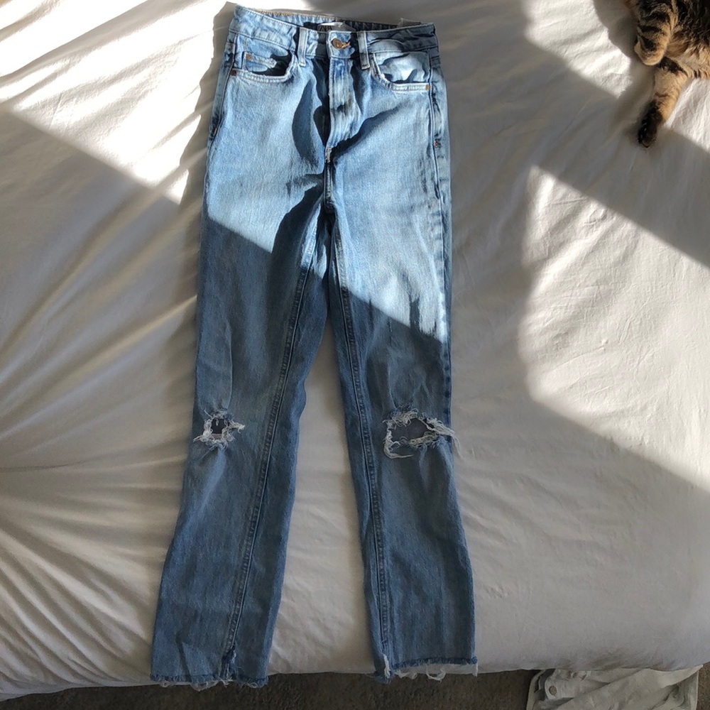Zara High Rise Straight Leg ripped jeans
